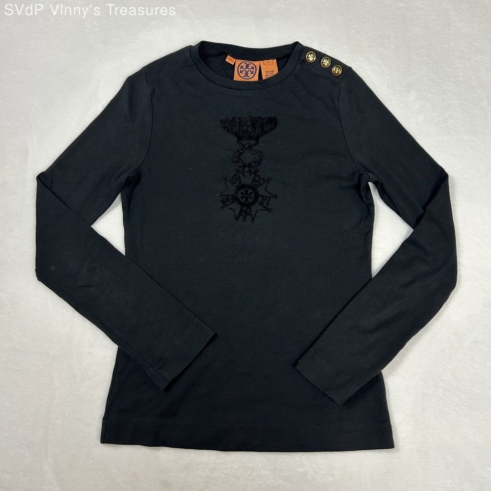 Vintage Y2K Tory Burch Women's Black Pima Cotton Medal Shoulder Button Top Sz S